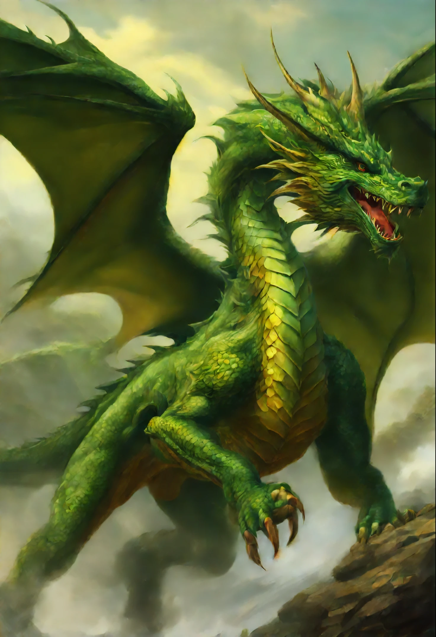 Painting of a huge green dragon, Running with the wind, gorgeous digital painting, airbrush digital oil painting, beautiful digital painting, inspired by John Frederick Herring, Senior., inspired by John Frederick Herring, Jr., Stunning digital painting, Beautiful green dragon, Beautiful predatory dragon, Digital painting in HD format, high quality digital painting, Flowing mane, Epic oil painting, Beautiful picture of high