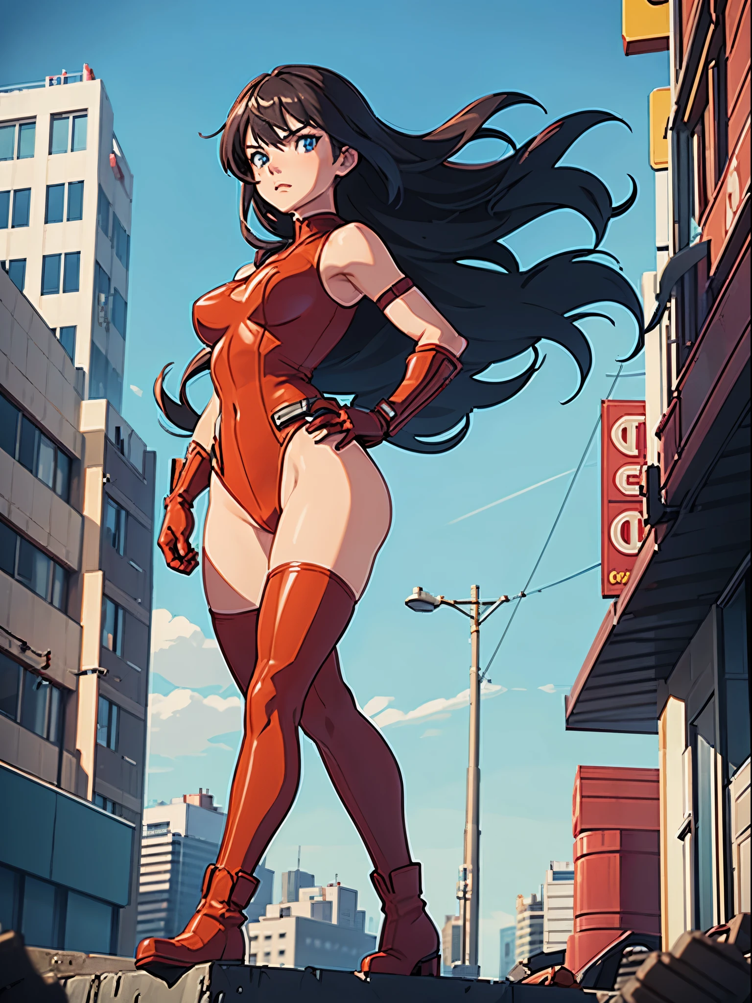 1girl, medium breasts, leotard, red leotard, bare legs, tight belt, boots, gloves, city backdrop, solo, single, hands on hip, standing, full body shot, cowboy shot, superhero, beautiful detailed eyes, power