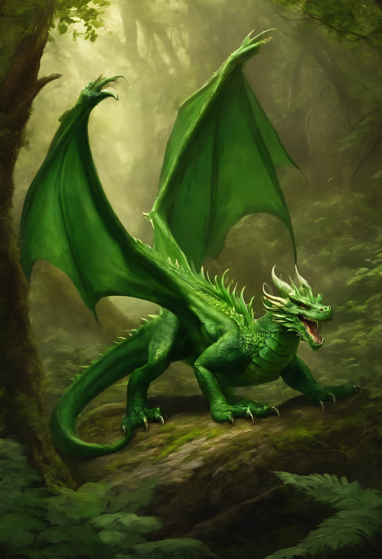 Picture of a huge green dragon in the thickets of oasthenia, hiding in the thickets of oasthenia, gorgeous digital painting, airbrush digital oil painting, beautiful digital painting, inspired by John Frederick Herring, Senior., inspired by John Frederick Herring, Jr., Stunning digital painting, Beautiful green dragon, Beautiful predatory dragon, Digital painting in HD format, high quality digital painting, Flowing mane, Epic oil painting, Beautiful picture of high