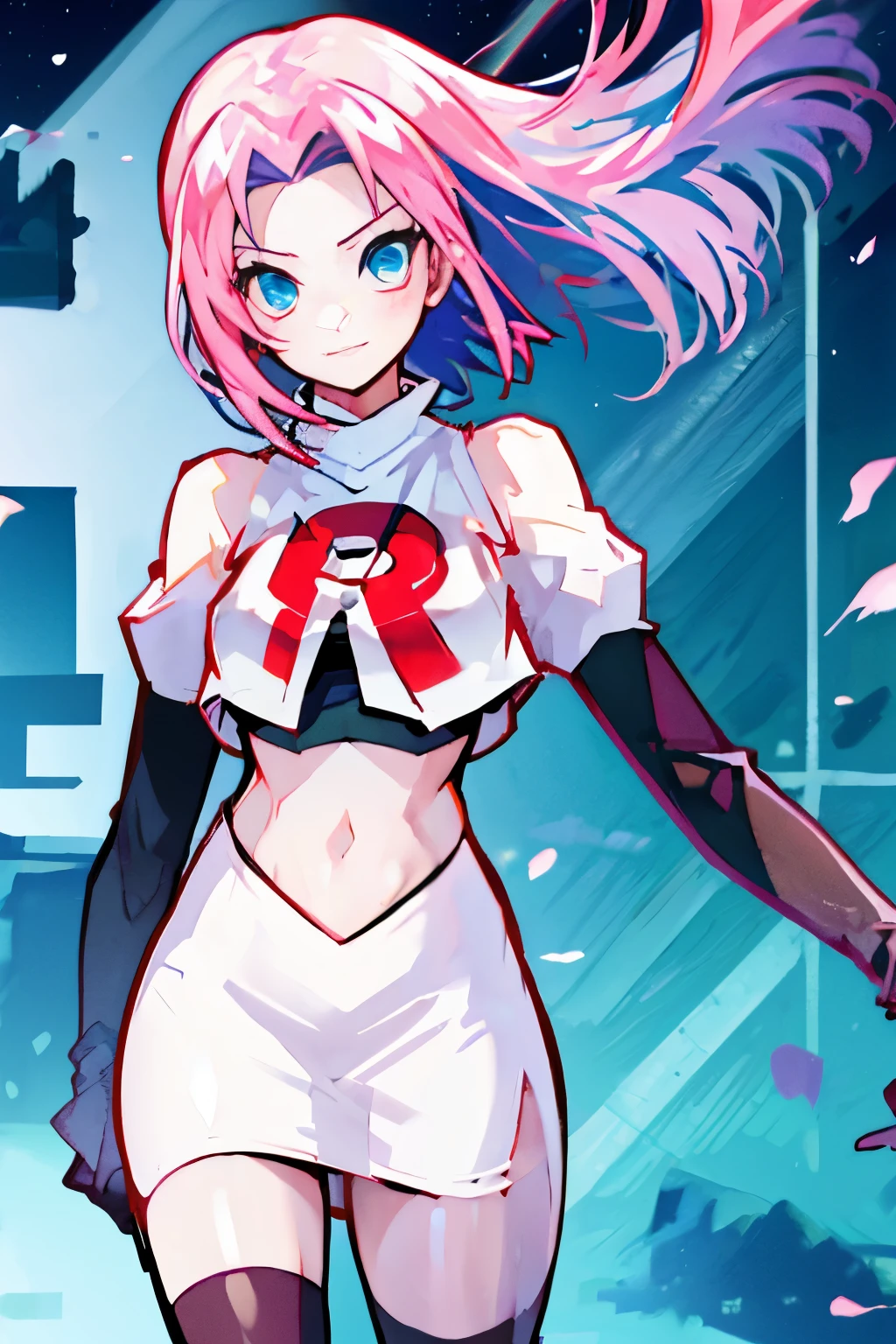 haruno sakura ,rocket,team rocket uniform, red letter R, white skirt,white crop top,black thigh-high boots,black elbow gloves,
