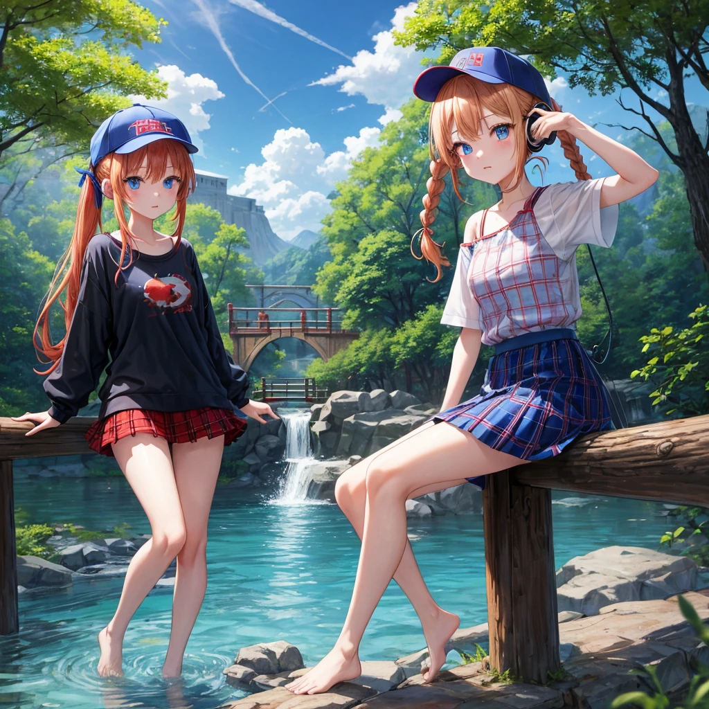 Red-blonde、Blue hair、blue eyess、Braids、poneyTail、one good looking girl、独奏、animesque、Plaid miniskirt、Black T-shirt、camisole、the woods、Walking、Wearing a plaid baseball cap、bare-legged、Tilting your face、log bridge、Doing the ribbon、have a twig、falls、Blue Topaz、Sunset sky、Wearing headphones、Stone bridge、falls壺、Waterwheel、Small fish are swimming