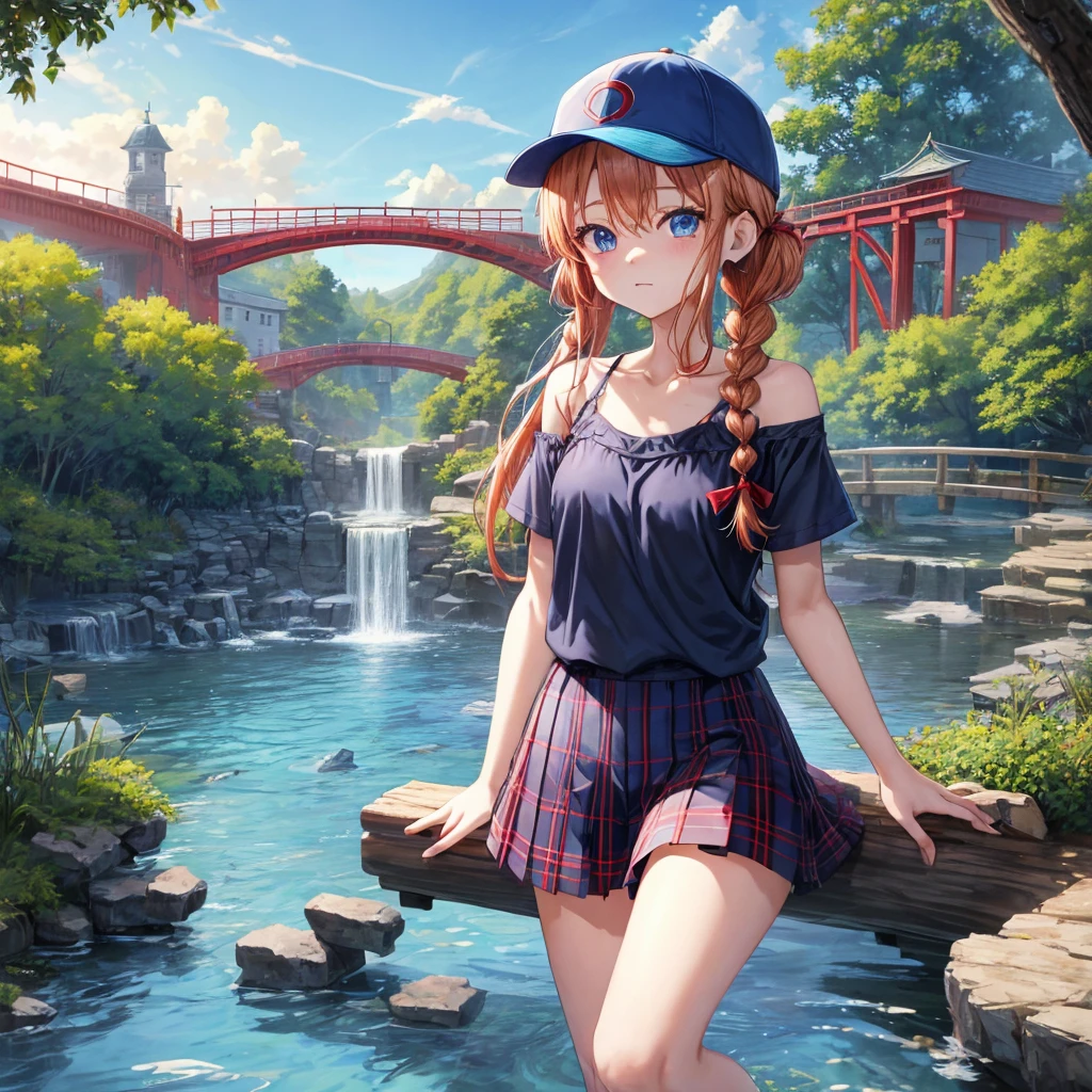 Red-blonde、Blue hair、blue eyess、Braids、poneyTail、one good looking girl、独奏、animesque、Plaid miniskirt、Black T-shirt、camisole、the woods、Walking、Wearing a plaid baseball cap、bare-legged、Tilting your face、log bridge、Doing the ribbon、have a twig、falls、Blue Topaz、Sunset sky、Wearing headphones、Stone bridge、falls壺、Waterwheel、Small fish are swimming