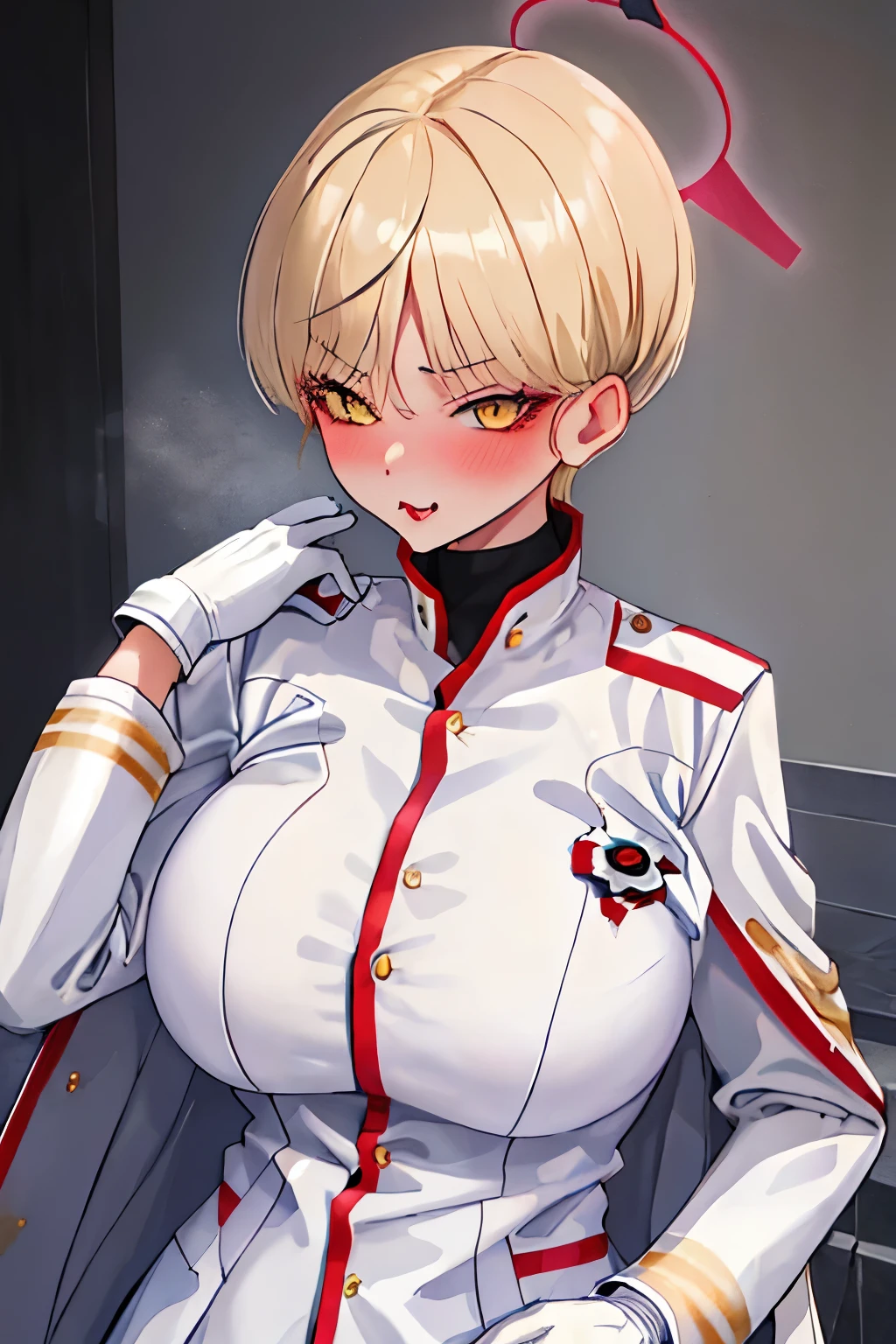 {{best quality}}, masterpiece, highres, solo, {marina_bluearchive:1.15}, short_hair, blonde_hair, yellow_eyes, bangs, halo, blush, breasts, large_breasts, 1girl, jacket, military, military_uniform, uniform, gloves, long_sleeveackground, white_background, white_gloves, white_jacket, looking_at_viewer, makeup, upper_body, eyeshadow, naughty face, rimjob, 1boy, penis, licking penis