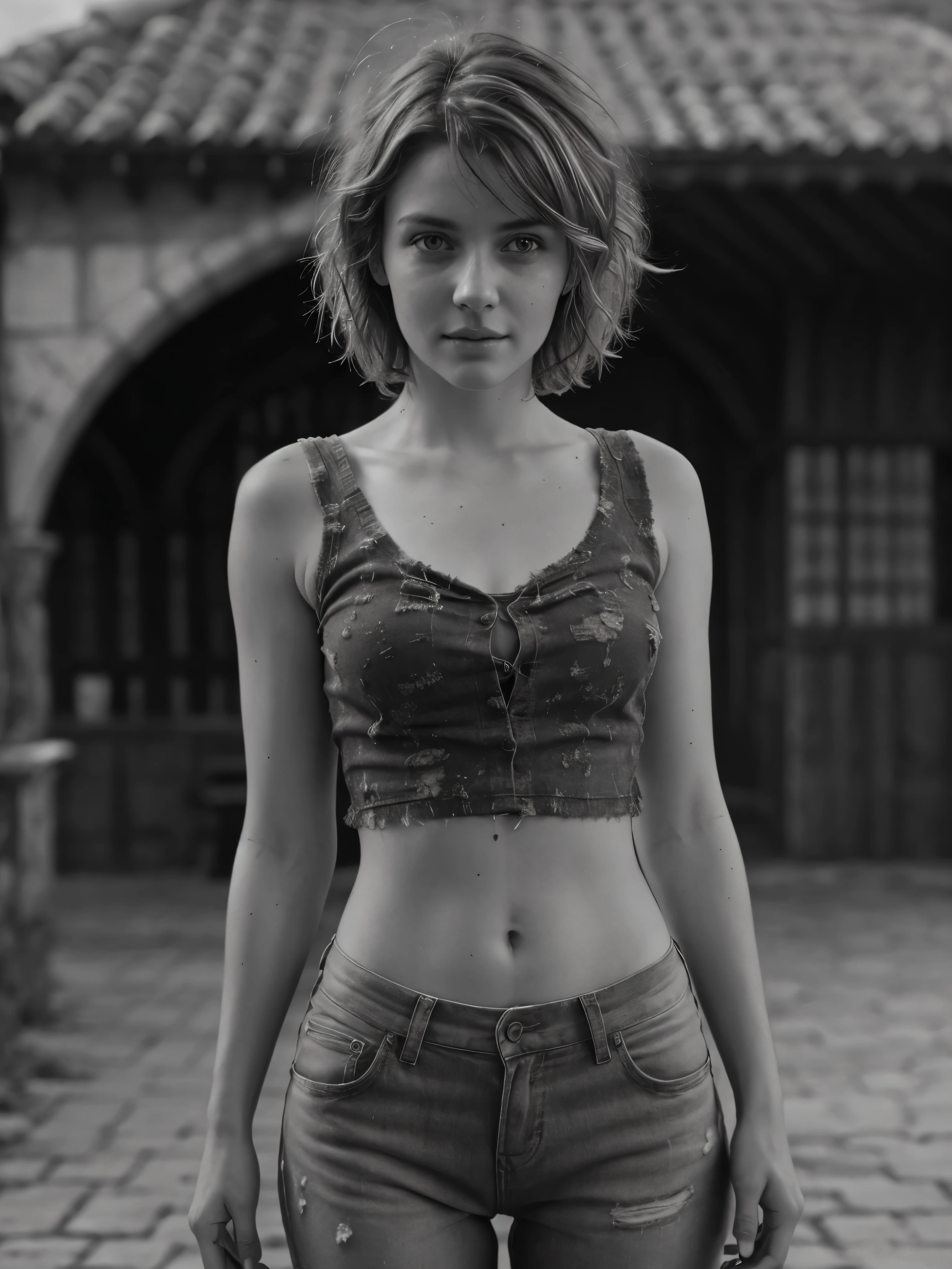 Photorealistic, Masterpiece photo in shades of gray, woman with disheveled hair and bad torn clothes, Cute sexy, (detailed medieval background), ultra sharp focus, Detailed Face, (((Posing))), Random hair color, Short hair, Beautiful eyes, full - body, high quality black and white image