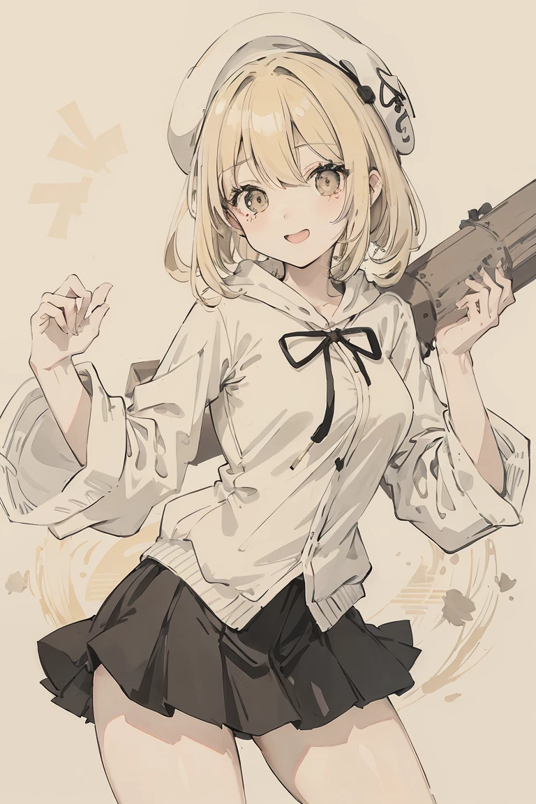 sparrow, a blonde haired girl, wearing a white hoody, short hair, messy hair, black skirt, yellow hoody, slim body, she have a handycam, medium breasts, she close her left eye, shirt ornament, lolippai, white beret, cheerful expression, beautiful breasts, rounded breasts