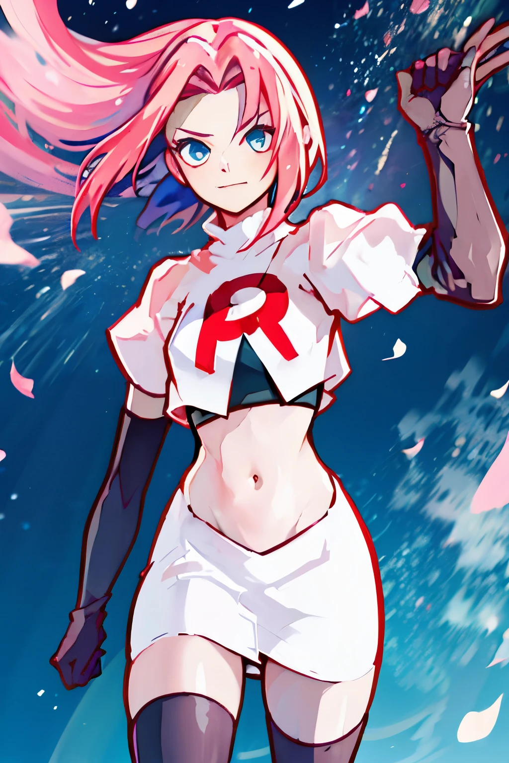 haruno sakura ,rocket,team rocket uniform, red letter R, white skirt,white crop top,black thigh-high boots,black elbow gloves,