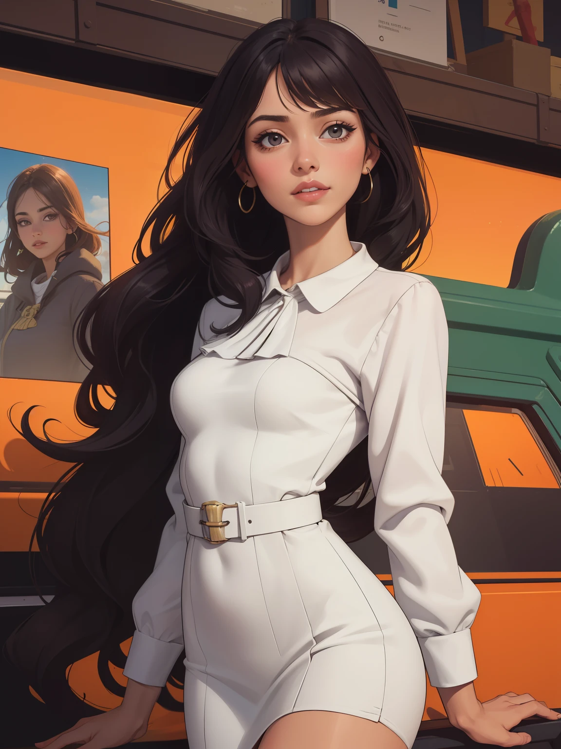 ((Plano medio)) de (( Mujer morena )), (Cabello largo y lacio), (ojos verdes), labios gruesos, Pose del modelo, Happy New Year, White Dress. ((Fondo de la calle))