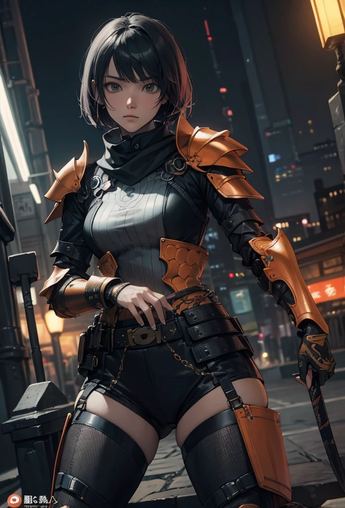 (Detailed illustrations,Very detailed and detailed drawing,Delicate lines with slow and rapid,Realistic texture expression),[Color tressed main line],[Shinjuku background at night],(ANIME) (NINJAGirl (Beautiful fece) 15yo student) well-muscled [Slim body] Short Bob Cut,([hornet] Orange Ninja Battle Armor) scarf [stall] ((Fitting rubber inner) [honeycomb] [edg]) hair adornments (Dull metallic luster:0.8),gravure [KUNOICHI],[highcontrast:0.6],(複雑でBeautiful fece装飾 [Dense detail]),(きめ細やかでBeautiful fece肌表現 [Transparency]),[完璧な目のdetaileds (Iris beautifully drawn in every detail)[Jewel-like eyes]],[長くてBeautiful fece睫毛],[Meticulously drawn hair [美しく艷やかな髪のdetaileds]],(完璧な手のdetaileds [Fingers without breakdown [Beautiful nails]]),(Perfect Anatomy(Perfectly proportioned))[[Full body like]],[[Design built to the highest level]][Ideal color coordination(Accurate simulation of light-material interactions)],([Precision Detail](detaileds,high-detail)),[Visual art that conveys a sense of narrative].
