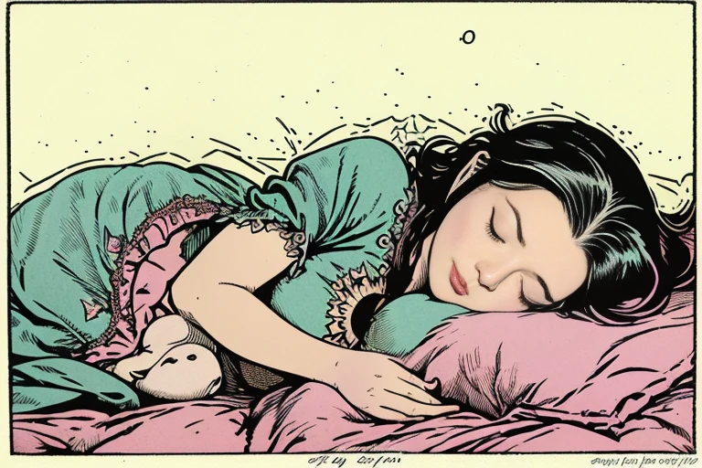 “Sleeping Beauty”, Grimm Fairy Tales, (((etching illustration))), beautiful princess, (((sleeping on bed, sleeping for 100 years))), (((small bust, narrow waist))), (((wearing night gown, tiarictorian art style, art by John Tenniel)))