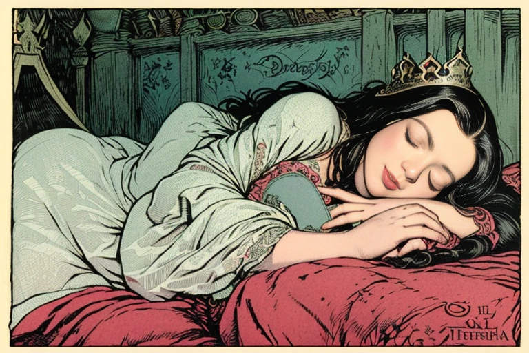 “Sleeping Beauty”, Grimm Fairy Tales, (((etching illustration))), beautiful princess, (((sleeping on bed, sleeping for 100 years))), (((small bust, narrow waist))), (((wearing night gown, tiarictorian art style, art by John Tenniel)))