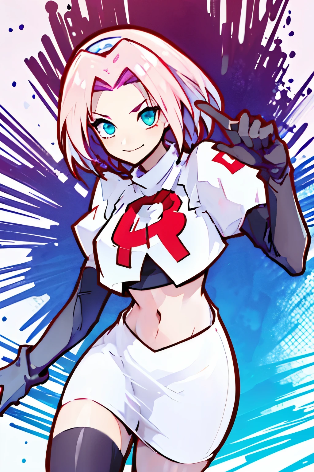 haruno sakura ,rocket,team rocket uniform, red letter R, white skirt,white crop top,black thigh-high boots,black elbow gloves,