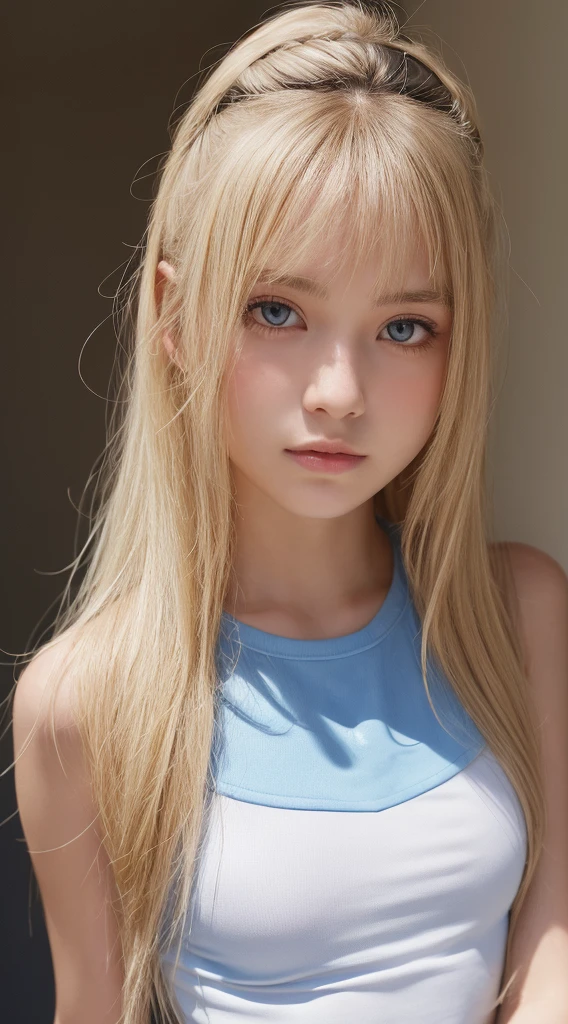 Beautiful blonde 18 year old American supermodel, Dancewear, Sporty, Looking at Viewer, Slender figure, Beautiful Blonde Girl, bangs between the eyes、Detailed face, realistic light blue eyes, Detailed bright glowing light blue eyes, very big eyes、Point the camera straight, FUJI XT3、Round face、Small face beauty、cheek gloss highlight、