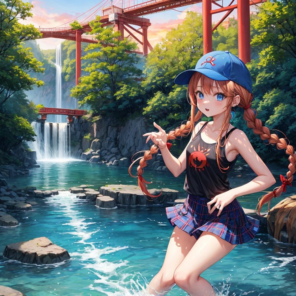 Red-blonde、Blue hair、blue eyess、Braids、poneyTail、one good looking girl、独奏、animesque、Plaid miniskirt、Black T-shirt、camisole、the woods、Walking、Wearing a plaid baseball cap、bare-legged、Tilting your face、log bridge、Doing the ribbon、have a twig、falls、Blue Topaz、Sunset sky、Wearing headphones、Stone bridge、falls壺、Waterwheel、Small fish are swimming