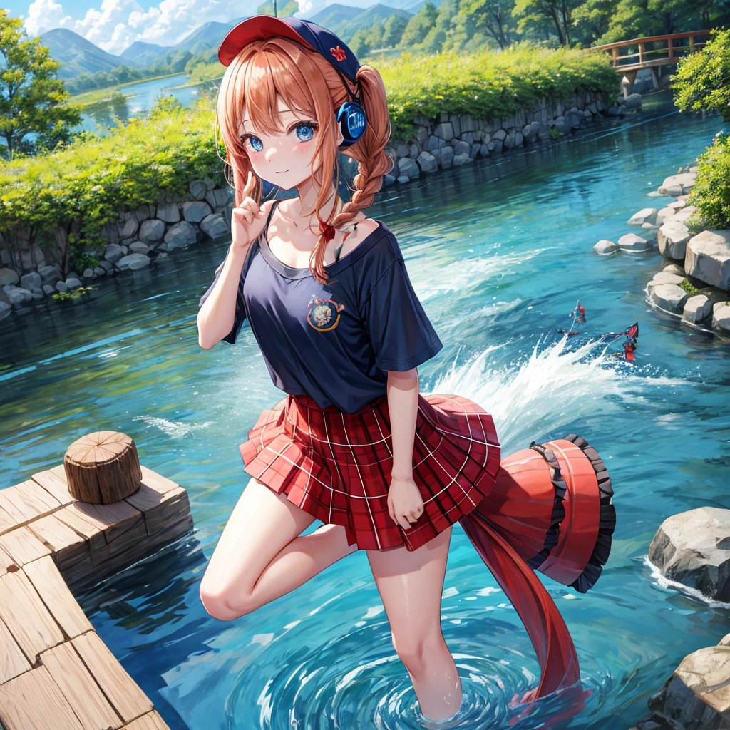 Red-blonde、Blue hair、blue eyess、Braids、poneyTail、one good looking girl、独奏、animesque、Plaid miniskirt、Black T-shirt、camisole、the woods、Walking、Wearing a plaid baseball cap、bare-legged、Tilting your face、log bridge、Doing the ribbon、have a twig、falls、Blue Topaz、Sunset sky、Wearing headphones、Stone bridge、falls壺、Waterwheel、Small fish are swimming