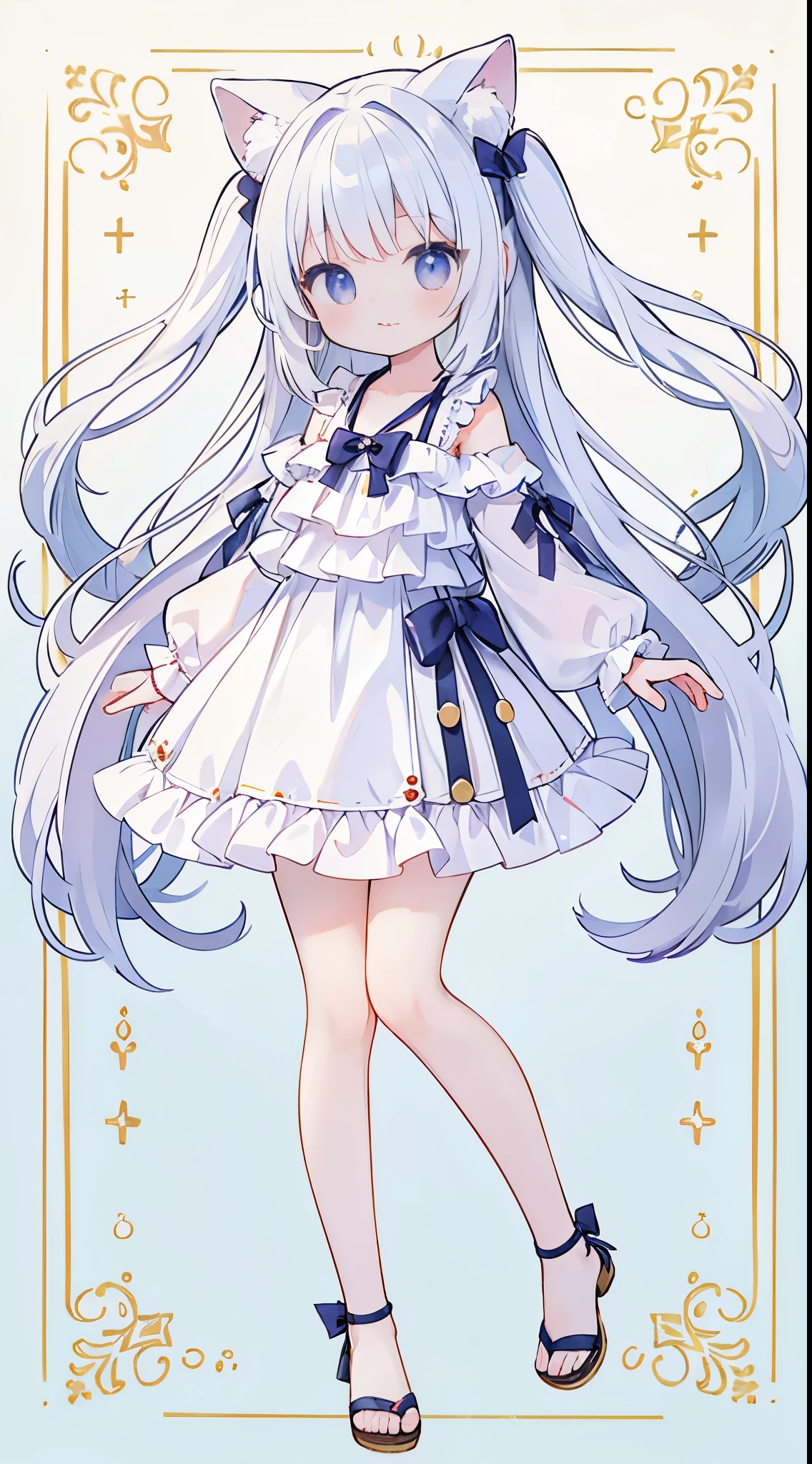 1 girl in、((full body Esbian、Standing picture))、High level of image quality、masutepiece、stand straight and neatly、Standing Picture、quality、White hair、Twin-tailed、Wearing a cute swimsuit、