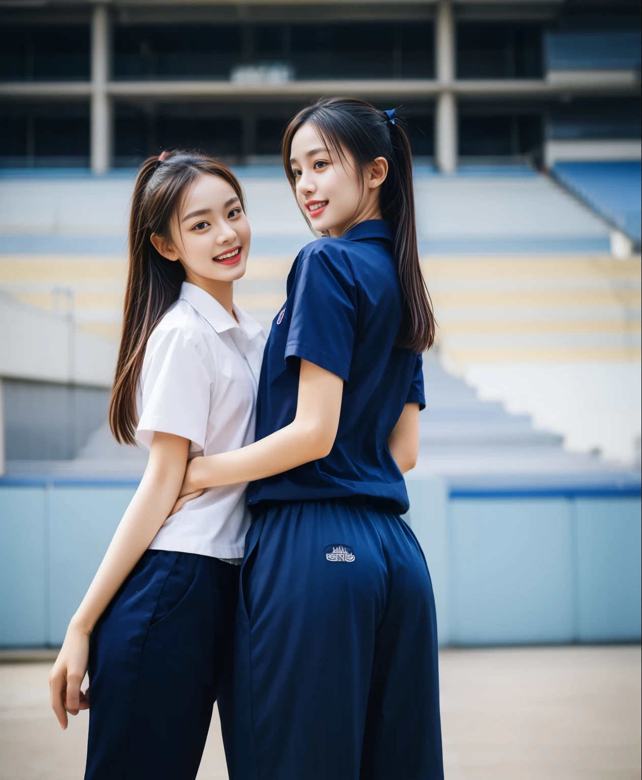 (bestquality,10,10,highres,masterpiece:1.2),ultra-detail,(Realistic,ภาพRealistic,photo-realistic:1.37),1 Cute girl in the football field,oily shiny skin,bara,light smile,BDclothelue shirt:1.3)),short sleeves,shirt, trousers.,(navy_long_ติดตามtrousers:1.1), ((Stadium Background:1.3)),dynamic angle,excited,face focus,Dynamic Poses,from behide,Ass Focus,masterpiece, bestquality, ultra realistic, hyper-detail, 8k resolution, RAW photo, crisp focus, ((Navy blue shirt:1.1)), short sleeves, เส้นทางlong, Complete bodyแบบ, 2 mature women, 18yo, cinematic light,trousersวอร์มสีน้ําเงิน,Gymware,Correct anatomy,Complete body, Correct body, sharp face, Correct bodyทางกายวิภาค, full entire body, Realistic gestures, long-haired, Realistic poses,Wear long shorts..............................,ช่วงขาlong,Shapely,Sculpting Girl, Slender Figure, mannequin mannequins, Shapely, Beautiful body,trousersวอร์มสีน้ําเงิน, Two girls kissing , (เอามือล้วงtrousers)