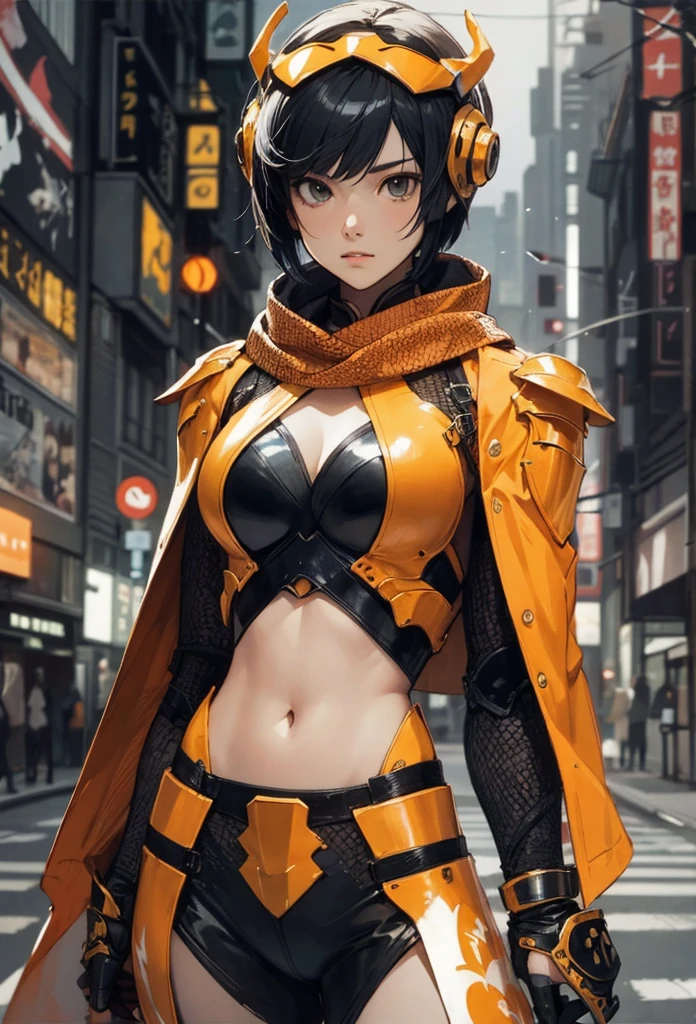 (Detailed illustrations,Very detailed and detailed drawing,Delicate lines with slow and rapid,Realistic texture expression),[Color tressed main line],[Shinjuku background at night],(ANIME) (NINJAGirl (Beautiful fece) ) well-muscled [Slim body] Short Bob Cut,([hornet] Orange Ninja Battle Armor) scarf [stall] ((Fitting rubber inner) [honeycomb] [edg]) hair adornments (Dull metallic luster:0.8),gravure [KUNOICHI],[highcontrast:0.6],(複雑でBeautiful fece装飾 [Dense detail]),(きめ細やかでBeautiful fece肌表現 [Transparency]),[完璧な目のdetaileds (Iris beautifully drawn in every detail)[Jewel-like eyes]],[長くてBeautiful fece睫毛],[Meticulously drawn hair [美しく艷やかな髪のdetaileds]],(完璧な手のdetaileds [Fingers without breakdown [Beautiful nails]]),(Perfect Anatomy(Perfectly proportioned))[[Full body like]],[[Design built to the highest level]][Ideal color coordination(Accurate simulation of light-material interactions)],([Precision Detail](detaileds,high-detail)),[Visual art that conveys a sense of narrative].
