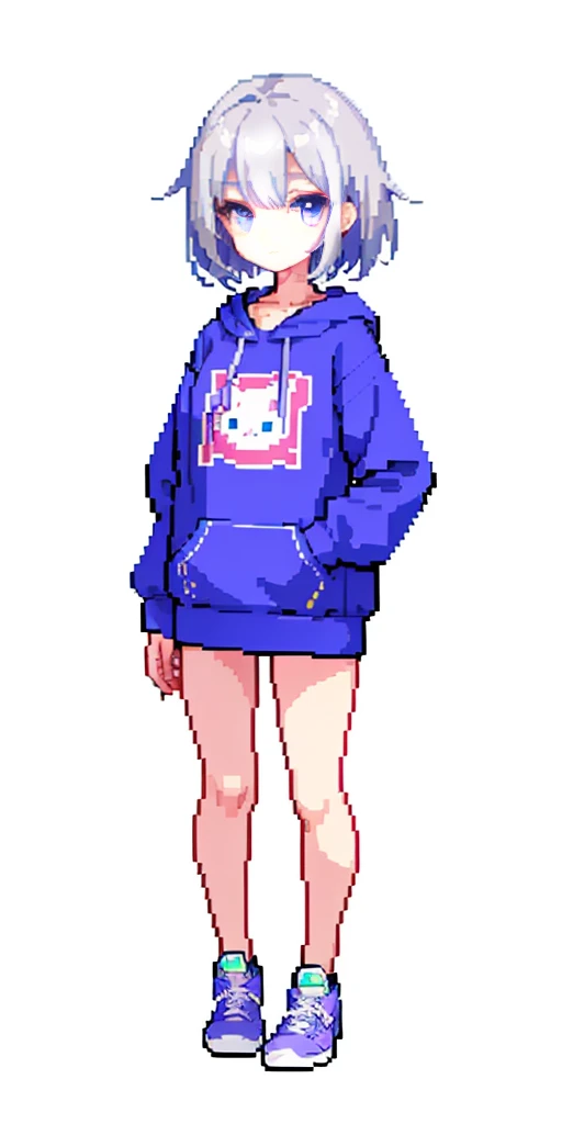 (tmasterpiece,top Quority,best qualtiy),pix,pixelart,1girll,full bodyesbian,Pink and white sweatshirt,Gray hair。
