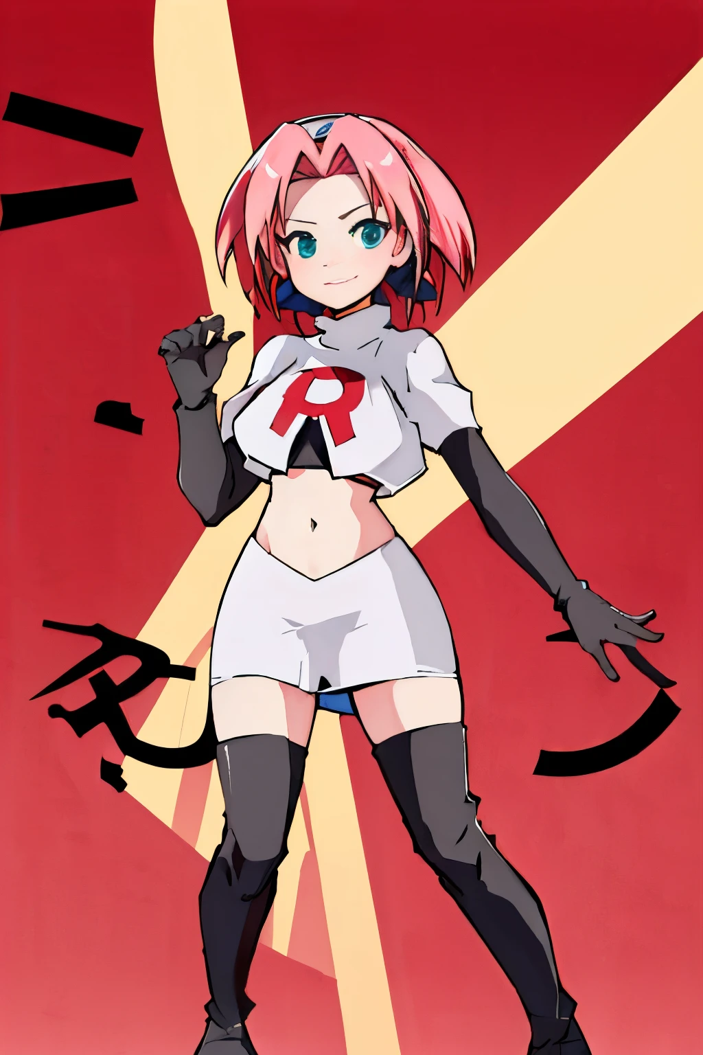 haruno sakura ,rocket,team rocket uniform, red letter R, white skirt,white crop top,black thigh-high boots,black elbow gloves,