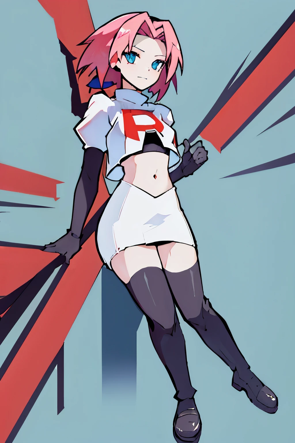 iono,1 girl,pink eyes,solo,smile,open mouth,fangs ,team rocket,team rocket uniform,white skirt,red letter R,crop top,black thigh-highs,black elbow gloves,