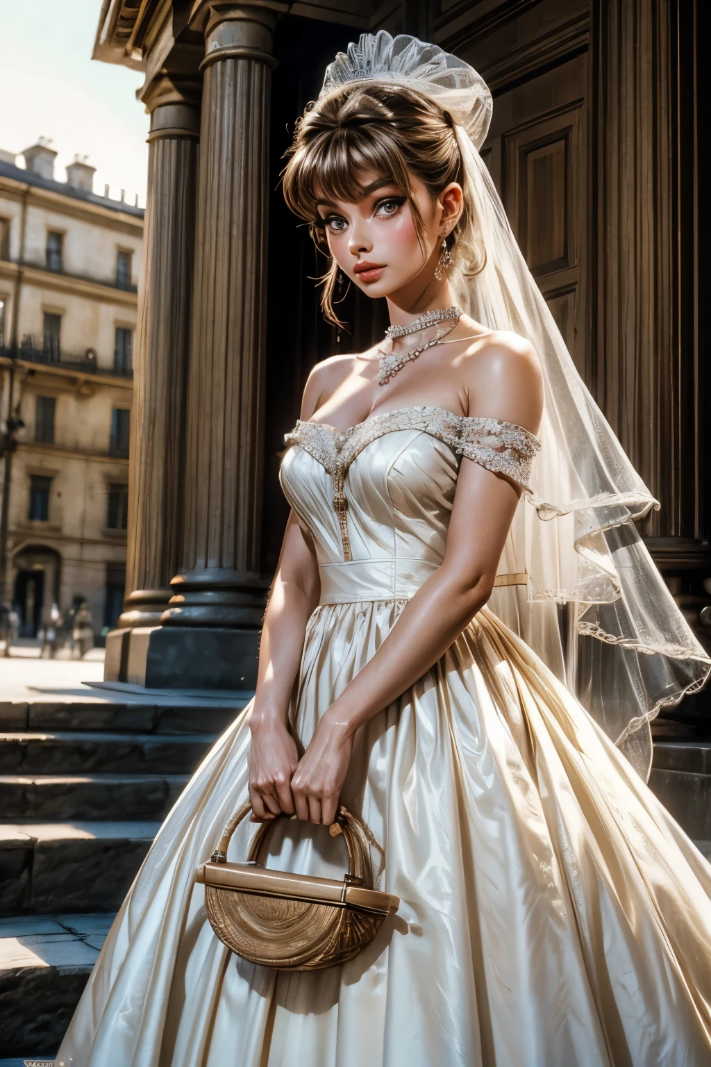 arafed woman in a dress holding a large piece of cloth, by Stan Galli, young sophia loren, vintage movie shot, 1956, brigitte bardot, 1 9 5 6, 1955, 1 9 5 5, photo 1960, young audrey hepburn, gorgeous female audrey hepburn, grace kelly, wearing a tutu