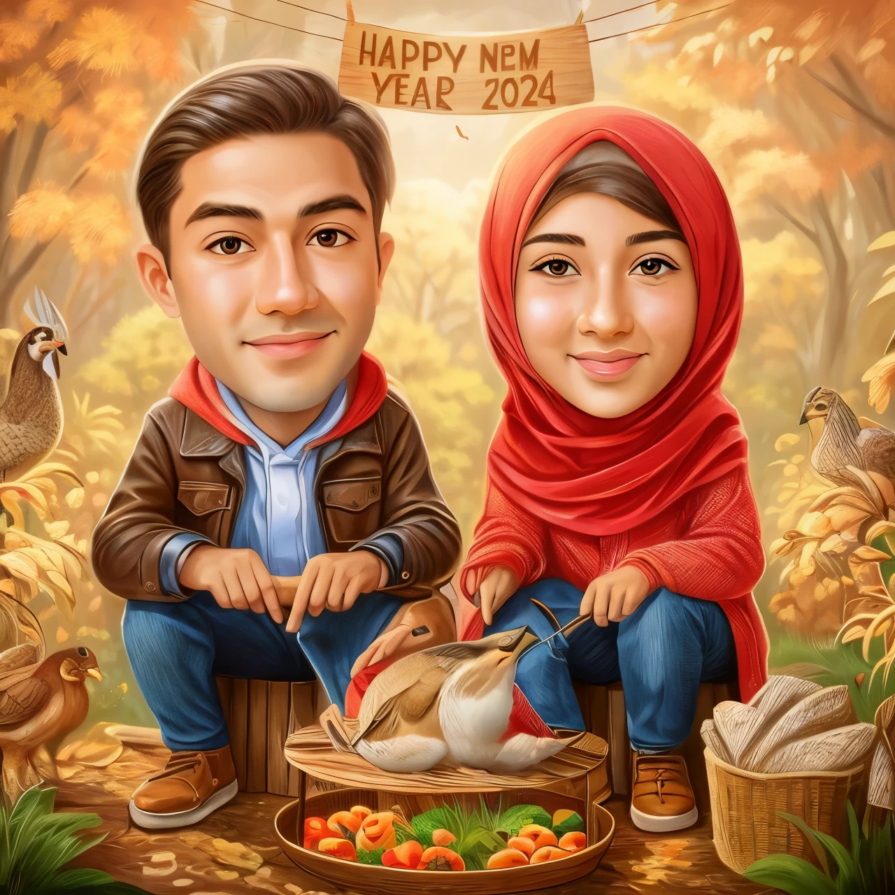 a cartoon picture of a couple sitting on a bench with a turkey, realism artstyle, caricature illustration, cartoon artstyle, happy couple, digital art cartoon, detailed portrait, cartoon digital art, couples portrait, by Abidin Dino, potrait, cartoon digital painting, cartoon art style, realistic cartoon, full protrait, in cartoon style, cartoon portrait, added detail