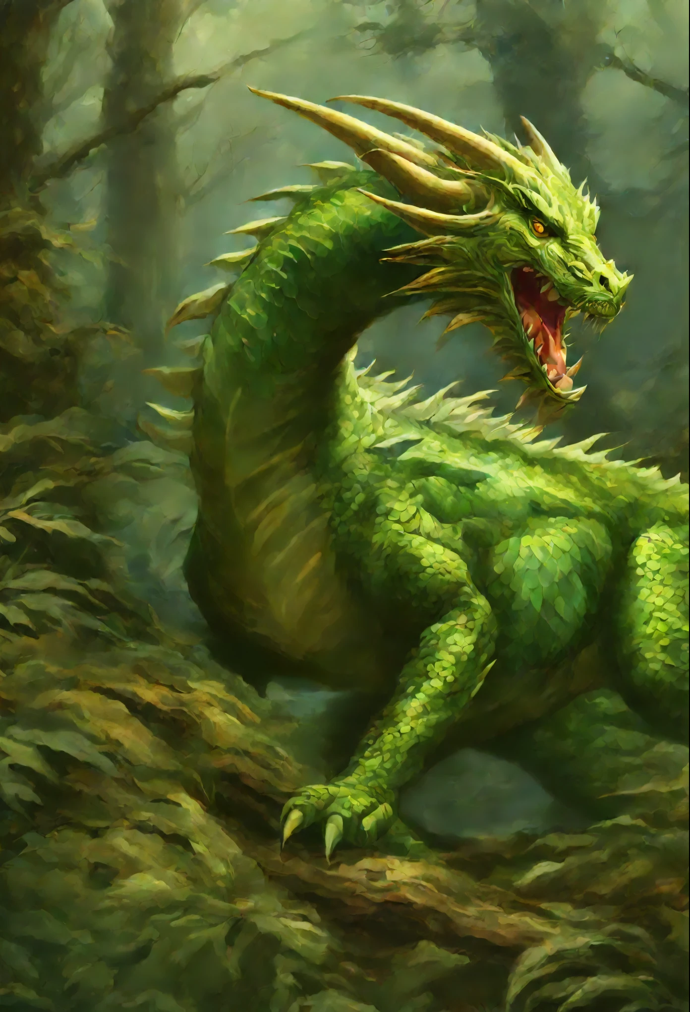 Picture of a huge green dragon in the thickets of oasthenia, hiding in the thickets of oasthenia, gorgeous digital painting, airbrush digital oil painting, beautiful digital painting, inspired by John Frederick Herring, Senior., inspired by John Frederick Herring, Jr., Stunning digital painting, Beautiful green dragon, Beautiful predatory dragon, Digital painting in HD format, high quality digital painting, Flowing mane, Epic oil painting, Beautiful picture of high