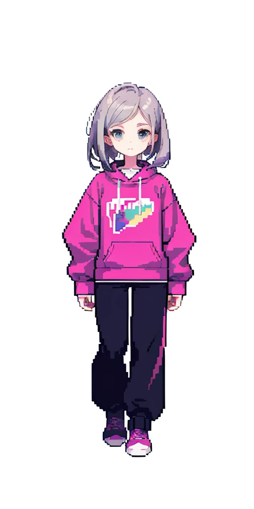 (tmasterpiece,top Quority,best qualtiy),pix,pixelart,1girll,full bodyesbian,Pink and white sweatshirt,Gray hair。