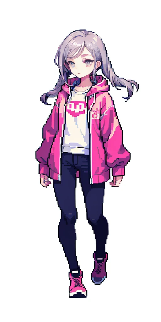 (tmasterpiece,top Quority,best qualtiy),pix,pixelart,1girll,full bodyesbian,Pink and white sweatshirt,Gray hair。