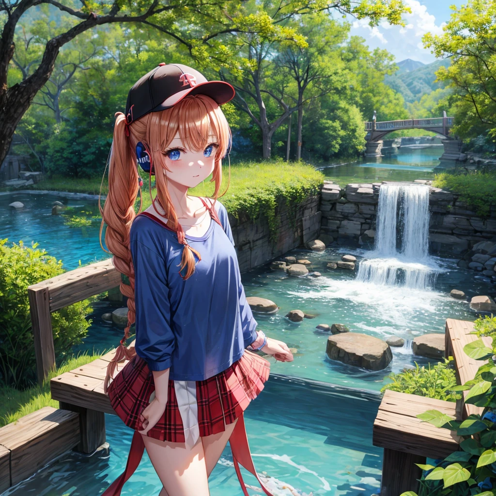 Red-blonde、Blue hair、blue eyess、Braids、poneyTail、one good looking girl、独奏、animesque、Plaid miniskirt、Black T-shirt、camisole、the woods、Walking、Wearing a plaid baseball cap、bare-legged、Tilting your face、log bridge、Doing the ribbon、have a twig、falls、Blue Topaz、Sunset sky、Wearing headphones、Stone bridge、falls壺、Waterwheel、Small fish are swimming