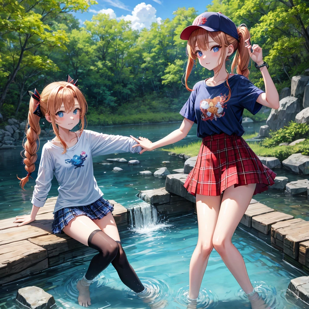 Red-blonde、Blue hair、blue eyess、Braids、poneyTail、one good looking girl、独奏、animesque、Plaid miniskirt、Black T-shirt、camisole、the woods、Walking、Wearing a plaid baseball cap、bare-legged、Tilting your face、log bridge、Doing the ribbon、have a twig、falls、Blue Topaz、Sunset sky、Wearing headphones、Stone bridge、falls壺、Waterwheel、Small fish are swimming