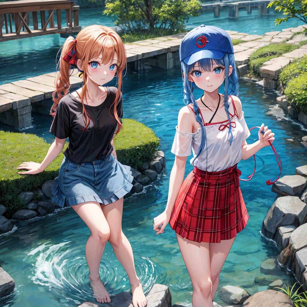 Red-blonde、Blue hair、blue eyess、Braids、poneyTail、one good looking girl、独奏、animesque、Plaid miniskirt、Black T-shirt、camisole、the woods、Walking、Wearing a plaid baseball cap、bare-legged、Tilting your face、log bridge、Doing the ribbon、have a twig、falls、Blue Topaz、Sunset sky、Wearing headphones、Stone bridge、falls壺、Waterwheel、Small fish are swimming