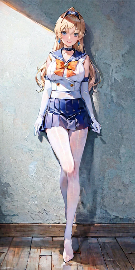 masterpiece, best quality, full body, barefoot, solo, female, big breast, masterpiece, best quality, highres, venus1, 1girl, solo, sailor senshi uniform, sailor venus, aino minako, blonde hair, magical girl, blue eyes, orange skirt, elbow gloves, tiara, pleated skirt, hair bow, orange sailor collar, miniskirt, choker, red bow, orange choker, white gloves, very long hair, jewelry, earrings, cowboy shot, smile,