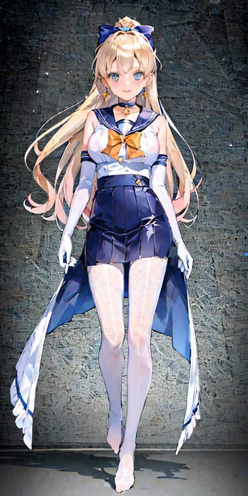 masterpiece, best quality, full body, barefoot, solo, female, big breast, masterpiece, best quality, highres, venus1, 1girl, solo, sailor senshi uniform, sailor venus, aino minako, blonde hair, magical girl, blue eyes, orange skirt, elbow gloves, tiara, pleated skirt, hair bow, orange sailor collar, miniskirt, choker, red bow, orange choker, white gloves, very long hair, jewelry, earrings, cowboy shot, smile,