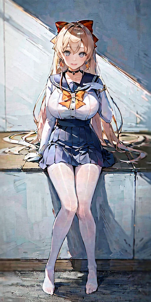 masterpiece, best quality, full body, barefoot, solo, female, big breast, masterpiece, best quality, highres, venus1, 1girl, solo, sailor senshi uniform, sailor venus, aino minako, blonde hair, magical girl, blue eyes, orange skirt, elbow gloves, tiara, pleated skirt, hair bow, orange sailor collar, miniskirt, choker, red bow, orange choker, white gloves, very long hair, jewelry, earrings, cowboy shot, smile,