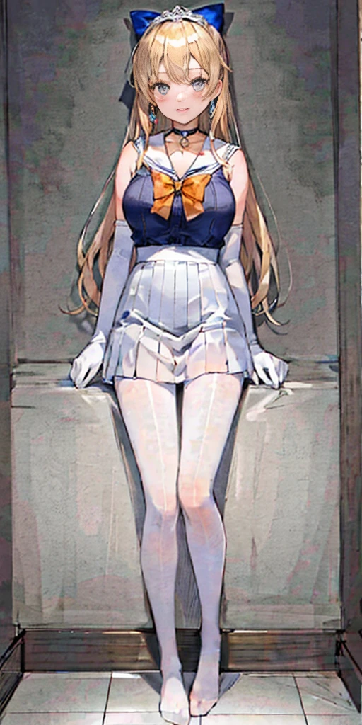 masterpiece, best quality, full body, barefoot, solo, female, big breast, masterpiece, best quality, highres, venus1, 1girl, solo, sailor senshi uniform, sailor venus, aino minako, blonde hair, magical girl, blue eyes, orange skirt, elbow gloves, tiara, pleated skirt, hair bow, orange sailor collar, miniskirt, choker, red bow, orange choker, white gloves, very long hair, jewelry, earrings, cowboy shot, smile,