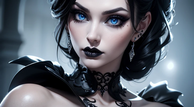 ((masterpiece, best quality, highres, realistic, best quality,)) Perfect Face, (detailed face), score_9, score_8_up, score_7_up, score_6_up, score_5_up, score_4_up, 1girl, gothicstyle, very long hair, gothic body armor, no bra, exposed breasts, goth accessories, goth makeup, beautiful eyes, bright colors, high contrast, vivid lighting, rating_safe, BREAK, sapphire blue eyes,