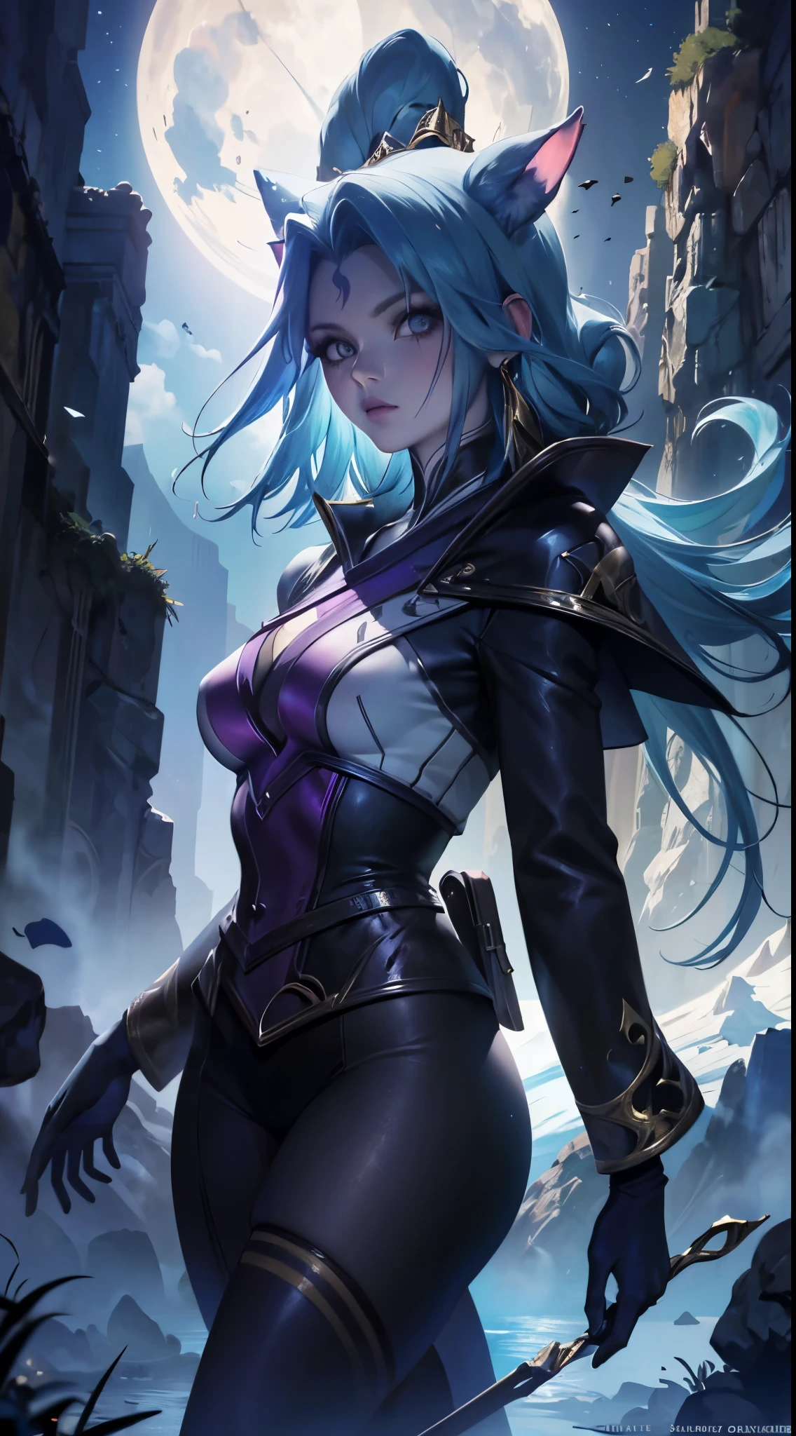 (La mejor calidad,A high resolution,Ultra - detallado,actual),a girl, Un cuerno en la frente, Luna en el fondo, Largo de pelo, Un hermoso fondo,,(hermosos ojos azules), (fondo piedras grandes negro:1.4) , (pose vaquero ), (realistic) ,Arte detallado de alta calidad 8K, Fanart Mejor ArtStation, Fantasy art style ,