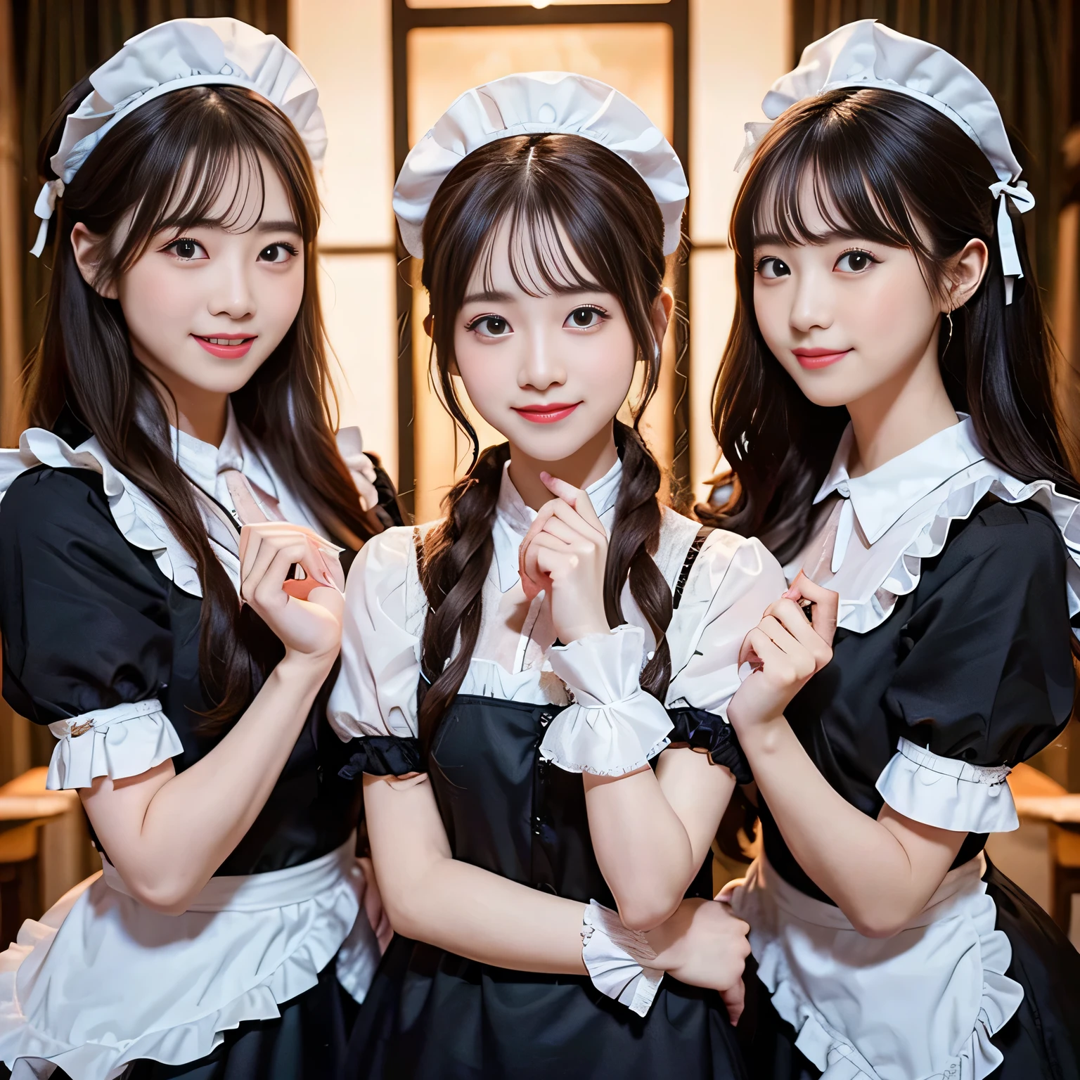 5 member girl band、pops band、Upper body view、The best smile、超A high resolution、An ultra-high picture quality、8K、Wonderful expression with attention to detail、All have long brown curly hair、Black maid clothes with frills、Performance scene at a live house