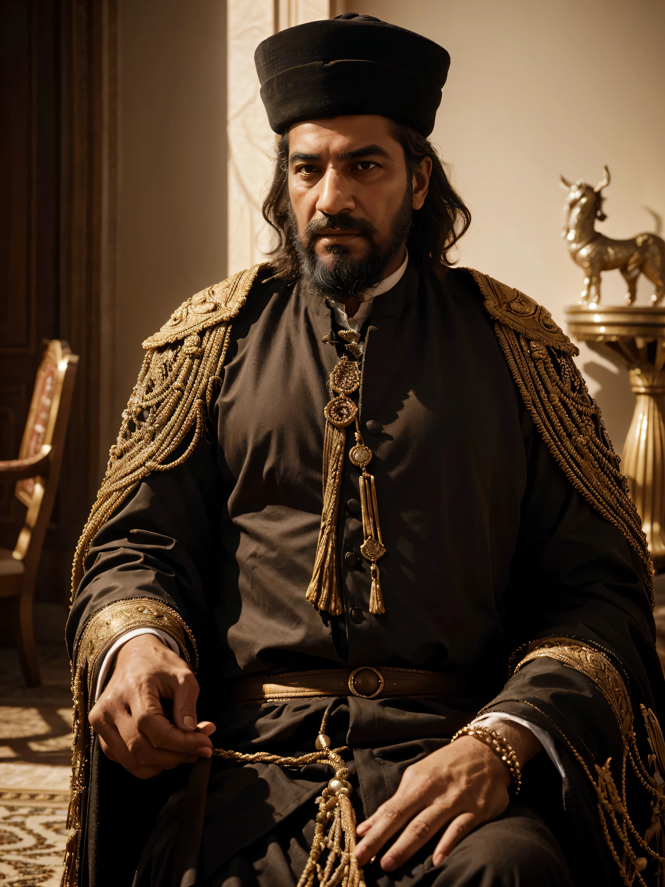 Generate an ultra-realistic and intricately detailed visual representation of Ismael Sharif, the Moroccan king from the 18th century. Pay meticulous attention to every aspect, including facial features, clothing, accessories, and surroundings. Capture the fine details of his black beard, regal attire, and any distinguishing features that characterized him. Ensure the scene is historically accurate, reflecting the opulence and complexity of Ismael Sharif's reign. Emphasize the realism in textures, lighting, and shadows to create an immersive portrayal of this historical figure.
