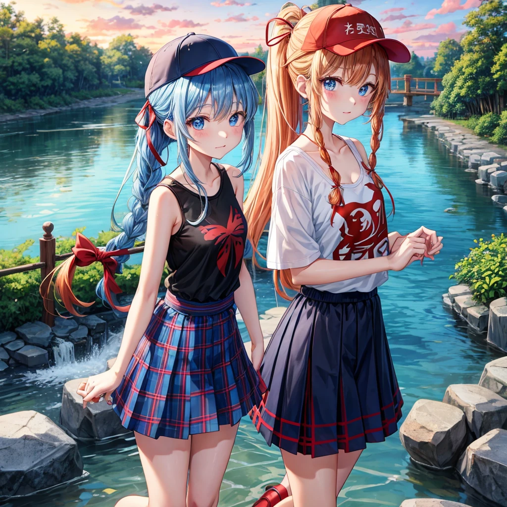Red-blonde、Blue hair、blue eyess、Braids、poneyTail、one good looking girl、独奏、animesque、Plaid miniskirt、Black T-shirt、camisole、the woods、Walking、Wearing a plaid baseball cap、bare-legged、Tilting your face、log bridge、Doing the ribbon、have a twig、falls、Blue Topaz、Sunset sky、Wearing headphones、Stone bridge、falls壺、Waterwheel、Small fish are swimming