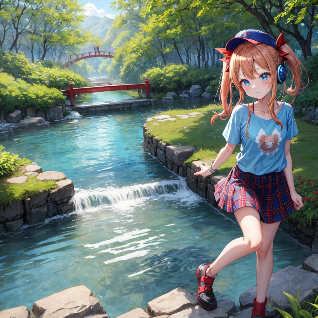 Red-blonde、Blue hair、blue eyess、Braids、poneyTail、one good looking girl、独奏、animesque、Plaid miniskirt、Black T-shirt、camisole、the woods、Walking、Wearing a plaid baseball cap、bare-legged、Tilting your face、log bridge、Doing the ribbon、have a twig、falls、Blue Topaz、Sunset sky、Wearing headphones、Stone bridge、falls壺、Waterwheel、Small fish are swimming