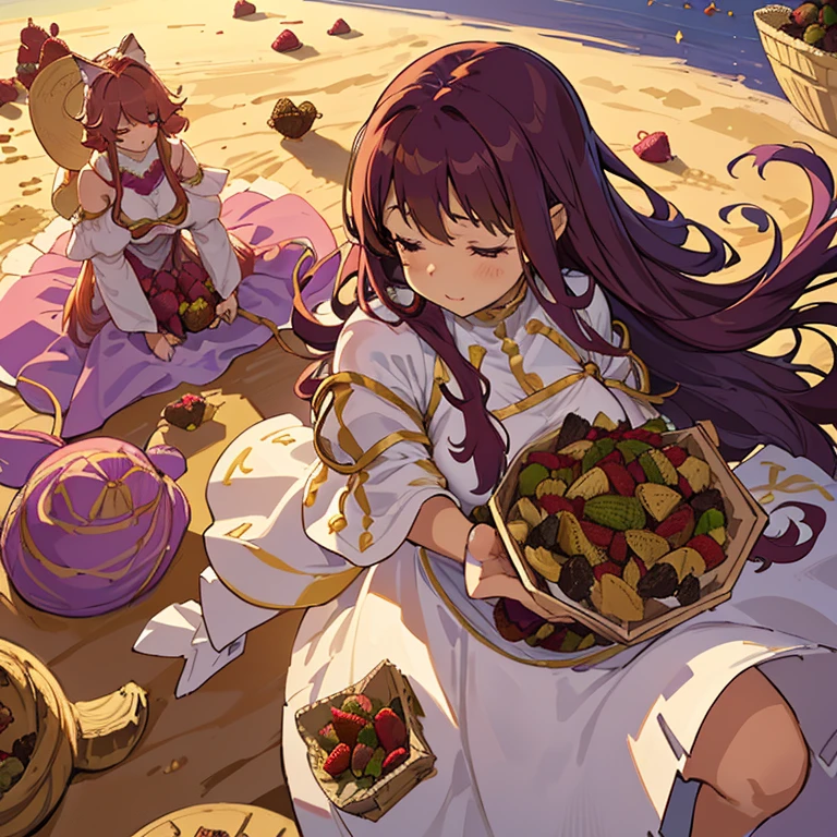 A girl with long afro hair flying low in the air covered in boiling large strawberry cake armor serving a large purple potato jam、Amazing dynamism、Amazing Angle、unstable buoyancy sandstorm、(((So many friendly large dried fruit cubes fall densely and chase each other)))、((surround each other'large cube))、
