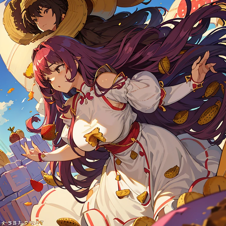 A girl with long afro hair flying low in the air covered in boiling large strawberry cake armor serving a large purple potato jam、Amazing dynamism、Amazing Angle、unstable buoyancy sandstorm、(((So many friendly large dried fruit cubes fall densely and chase each other)))、((surround each other&#39;large cube))、