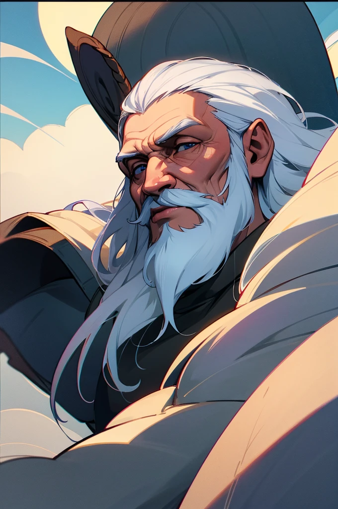old Gandalf style from the Lord of the Rings, cabelos longos e brancos, barba longa e branca. Vista da lateral do rosto, imagem do ombro pra cima, alta qualidade de imagem. imagem em formato de desenho. Olhando para o Horizonte.