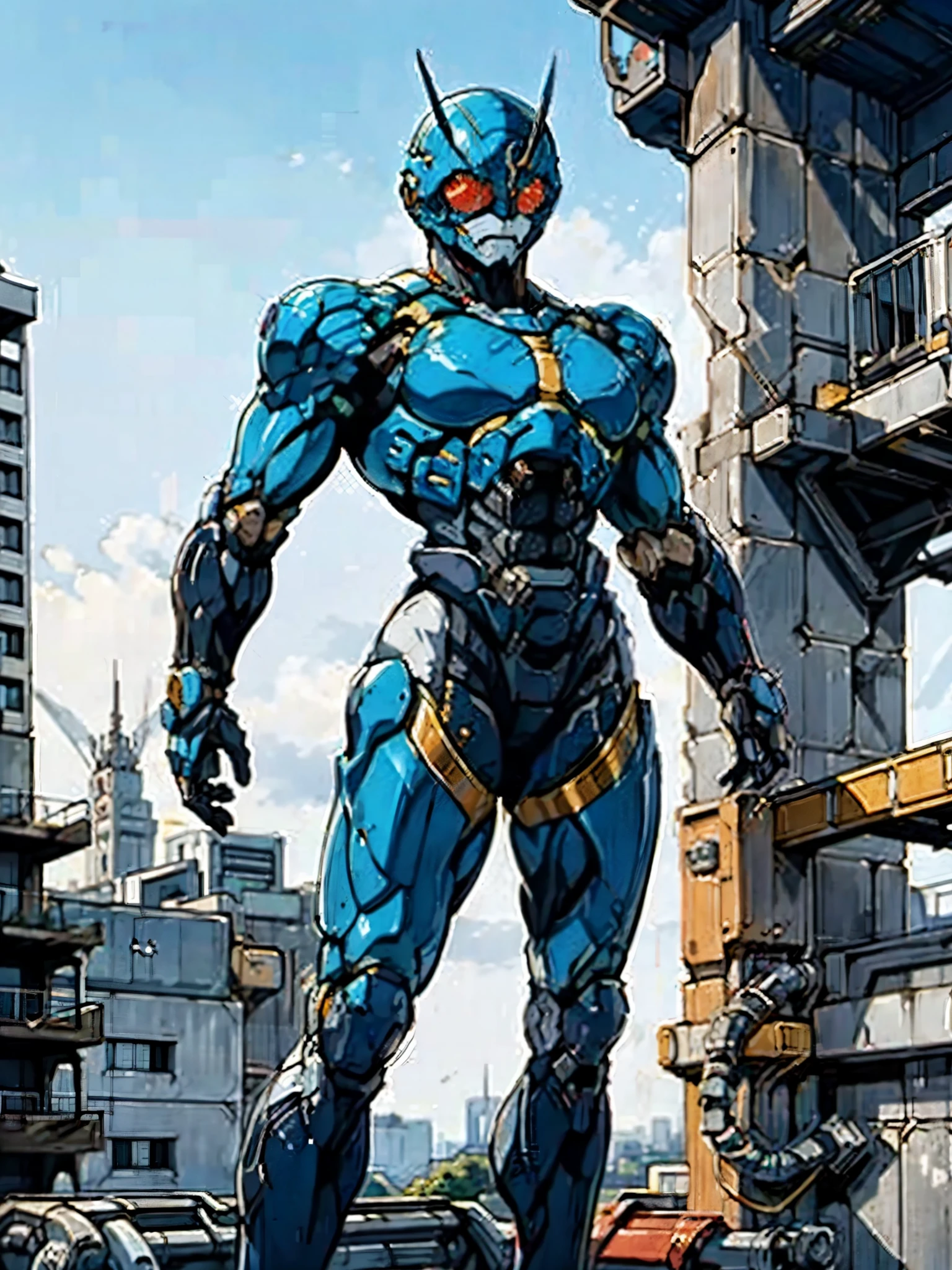 A super a high-tech biotech battle suit, standing on a rooftop, looking over the city, Japanese tokusatsu and American comic style, biometallic texture of the suit, sleek and shiny, dynamic, fast, natural light, cinematic, high quality, high resolution, high detail, sophisticated design, dramatic, high definition, ultra-detailed, ultra-fine painting, extremely delicate, creativity, Natural light, cinematic lighting, best shadow, masterpiece-anatomy-perfect