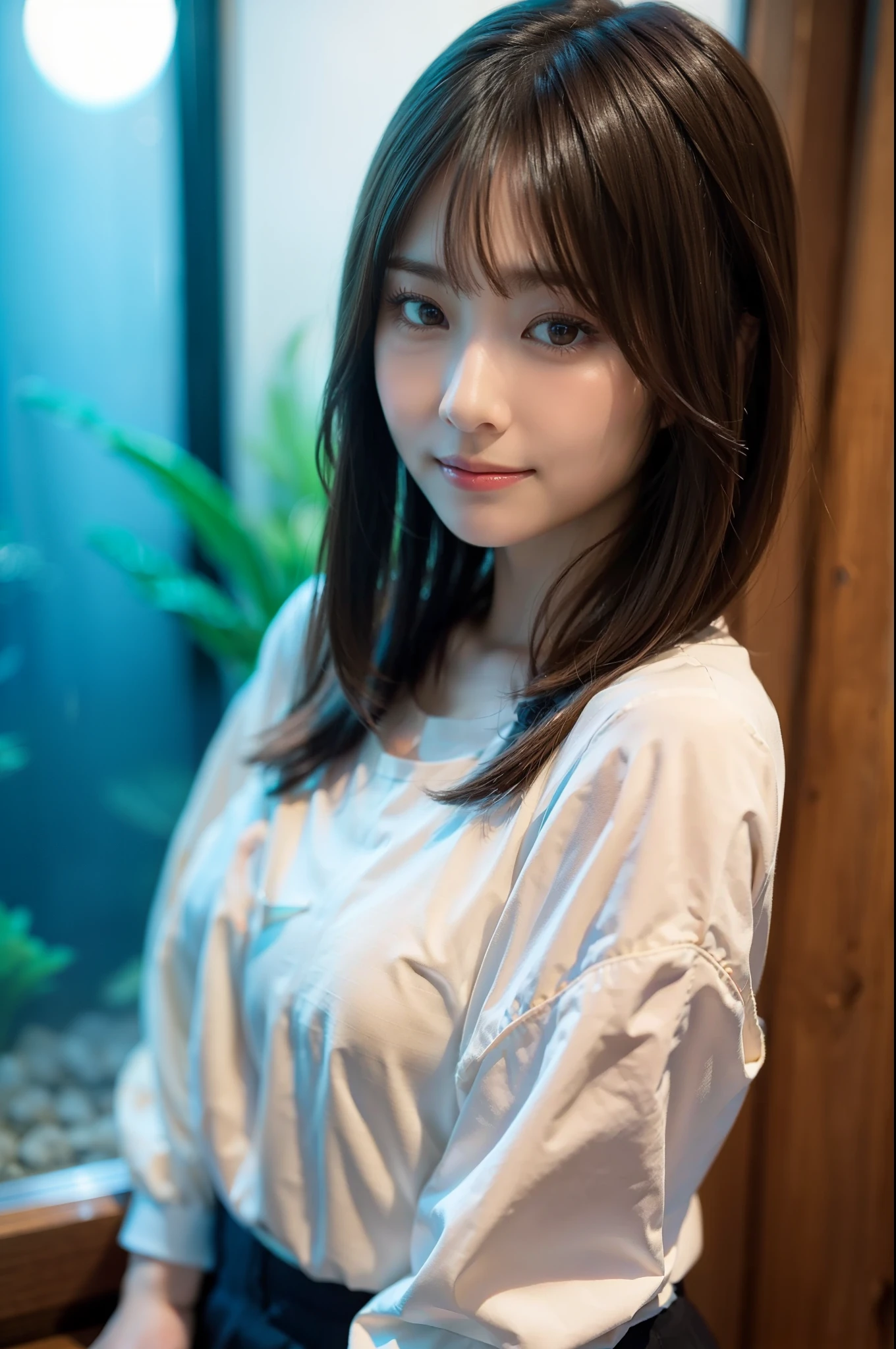 in 8K,Best Quality:1.4, 超A high resolution:1.5, (Photorealistic:1.4),masterpiece:1.2,(top-quality:1.4)、 Raw photo、(the background is blurred), Aquarium ULL BODYSHOT:1.5、 Girl in 1, Cute, (Solo), (Shy smile), 、(30-years old:1.4)、to stand、Check miniskirt、Cute mini skirt、 (Brown medium hair,Bangs), (touch hair:1.4)、nogizaka、cute little、Supple fingertips,Beautiful black eyes、natural skin textures:1.3, realistic eyes and face details:1.7、middlebreasts、gazing at viewer、beauty legs、autumnal、long-sleeve、fish tank