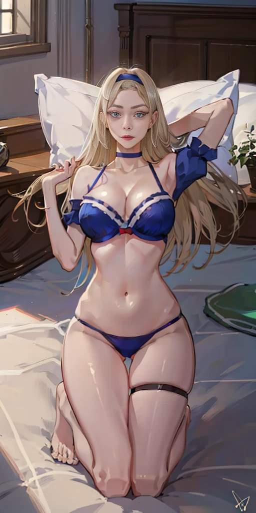 masterpiece, best quality, full body, barefoot, solo, female, big breast, ultra high res, photo, 4k, (photorealistic), absurdres, ((Reclined on pillow on bed))(( Alice, from disney alice in wonderland animated movie serieeautiful face)) ((long straight blonde hair)) ((very huge breasts)) (perfect slim body) ((wears blue tiny string transparent lingerie, garterbelt)) ((choker, head band)) ((posing on giant bedroom)) (high definition, dynamic lights and shadows) ((masterpiece)) (8k) (perfect face) (best quality) (perfect hands)