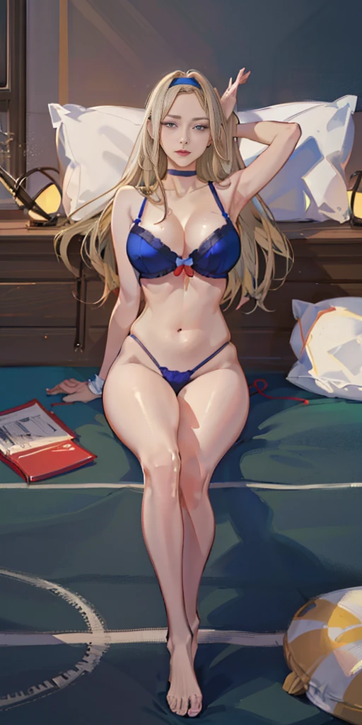 masterpiece, best quality, full body, barefoot, solo, female, big breast, ultra high res, photo, 4k, (photorealistic), absurdres, ((Reclined on pillow on bed))(( Alice, from disney alice in wonderland animated movie serieeautiful face)) ((long straight blonde hair)) ((very huge breasts)) (perfect slim body) ((wears blue tiny string transparent lingerie, garterbelt)) ((choker, head band)) ((posing on giant bedroom)) (high definition, dynamic lights and shadows) ((masterpiece)) (8k) (perfect face) (best quality) (perfect hands)