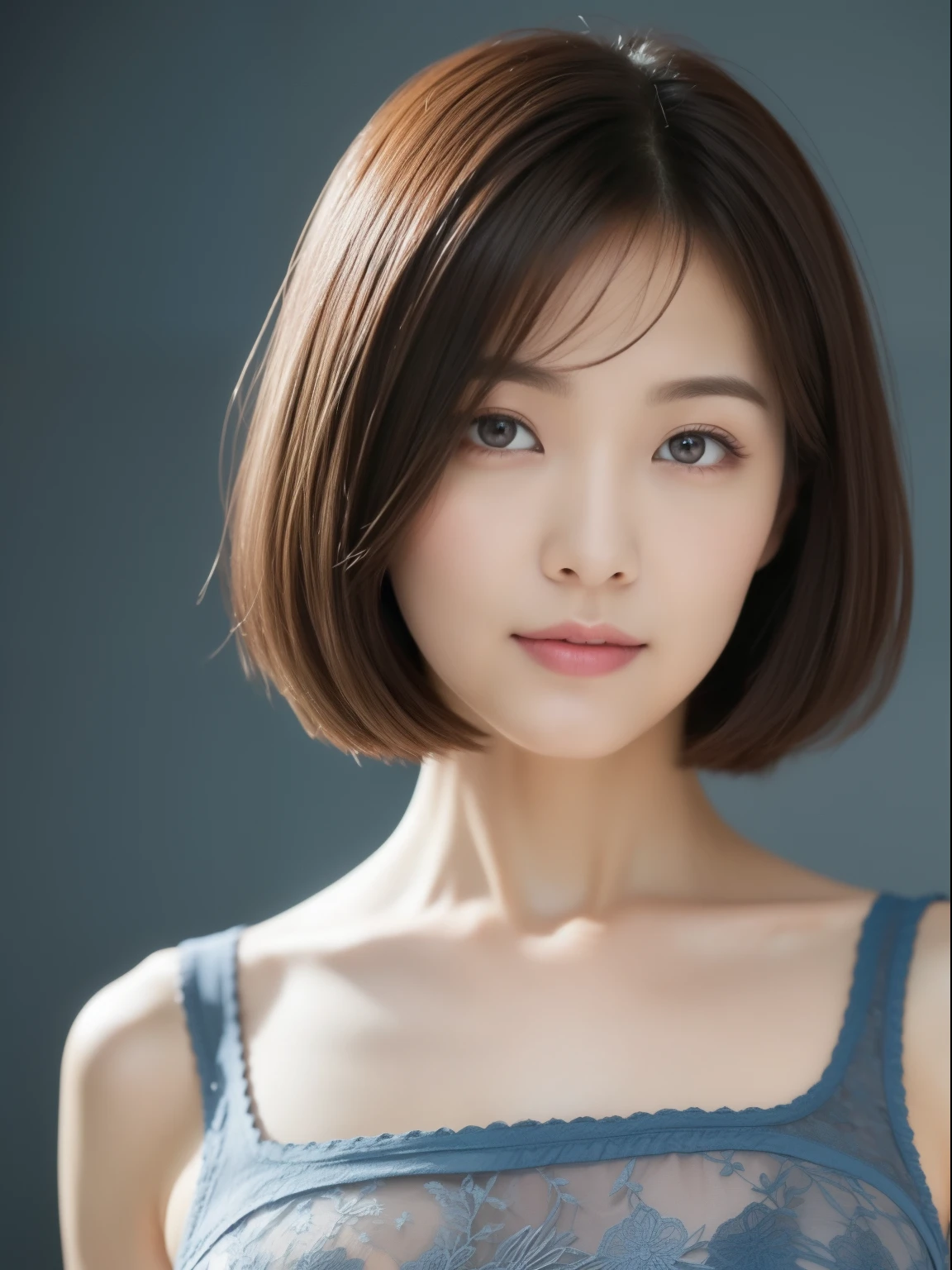 Beautiful 26 year old woman。She wears a tight camisole in light blue-gray satin fabric。Black lace at chest and hem.。kindly smile。Her dark brown hair is、Her hair is straight short bob hair。hight resolution、​masterpiece、top-quality、headw:1.4、((Hasselblad photo))、Fine skin、fine textured knit、(电影灯光)、鎖骨